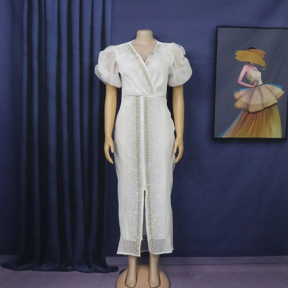 Diamond-encrusted V-neck mesh dress with bubble sleeves from Showlu Fashion Store, showcasing a stylish, stretch-fit design.