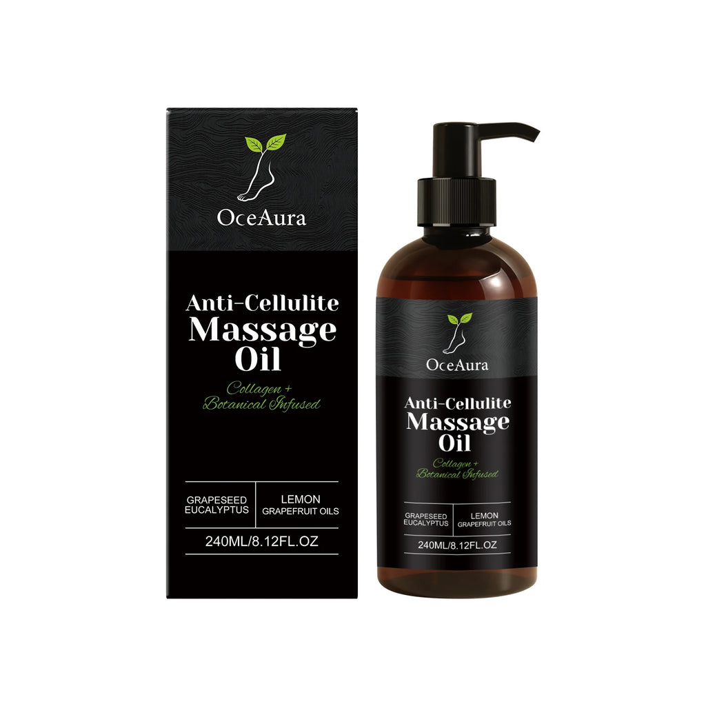 OceAura Anti-Cellulite Oil with lemon and grapefruit for firming and massage, shown in a sleek bottle on a white background.