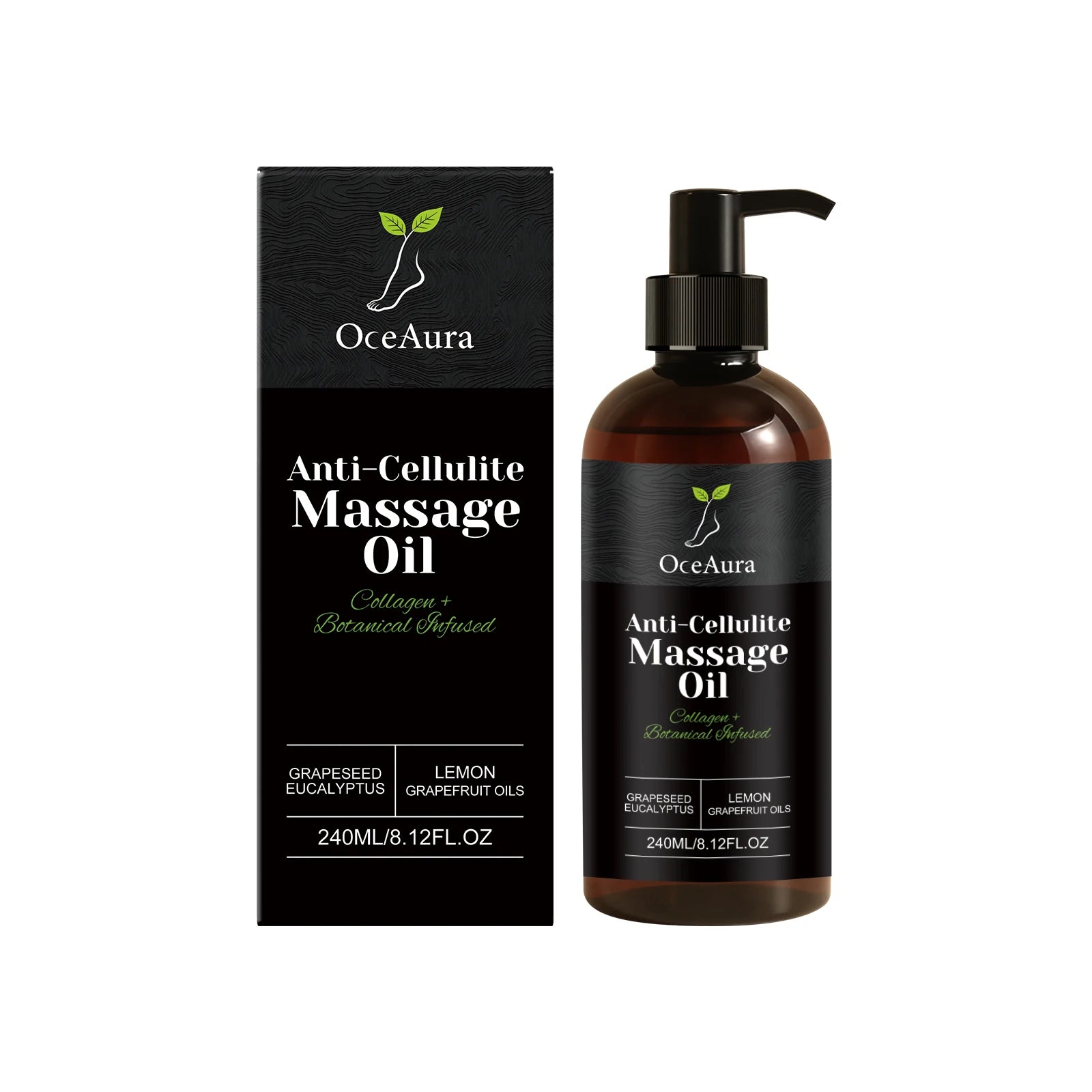 OceAura Anti-Cellulite Oil with lemon and grapefruit for firming and massage, shown in a sleek bottle on a white background.