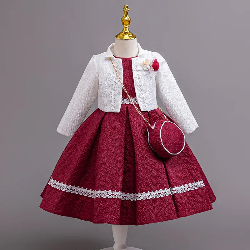 Girl wearing a Showlu Fashion Store HETISO lace long sleeve Christmas party dress with matching bag, suitable for formal occasions.