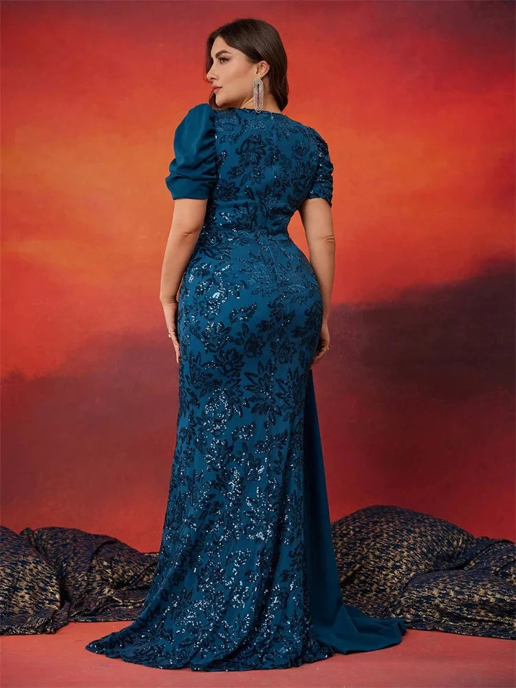 BluePlum Women's V-Neck Sequin Mermaid Evening Dress in plus size, featuring a sparkling sequin design and elegant mermaid silhouette.