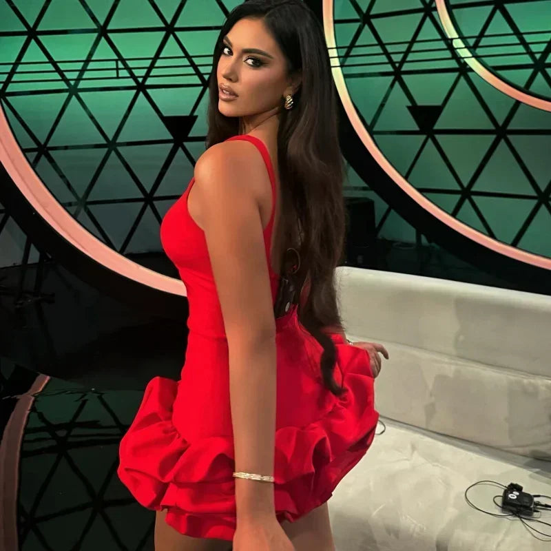 Red ruffled hem mini dress for women featuring an elegant O-neck, backless design, sleeveless fit, perfect for evening parties