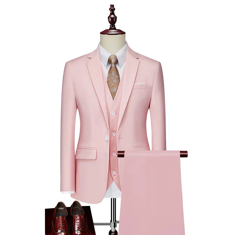 SHOWLU men's pink three-piece wedding suit featuring slim fit design, suitable for business casual or formal occasions.