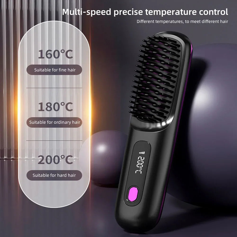 Showlu Smart wireless ionic hair straightener brush in black, featuring anti-frizz technology and a sleek design.