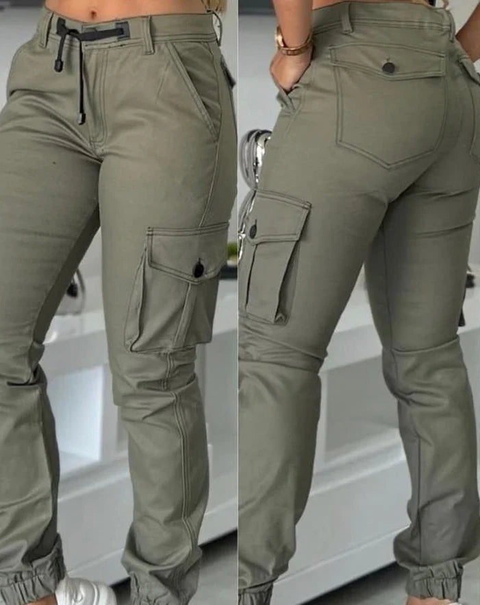 Women's slim fit cargo pants in solid polyester, stylish workwear trousers from SHOWLU FASHION STORE.