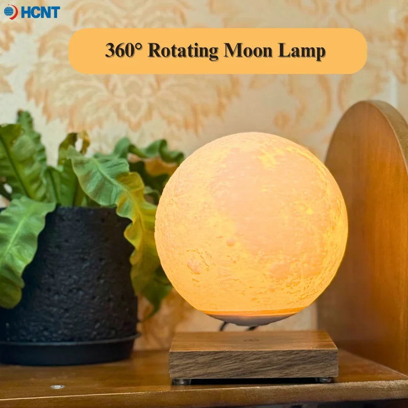 Magnetic levitating moon lamp by Showlu Smart General floating above its base, emitting a soft glow in a dark room.