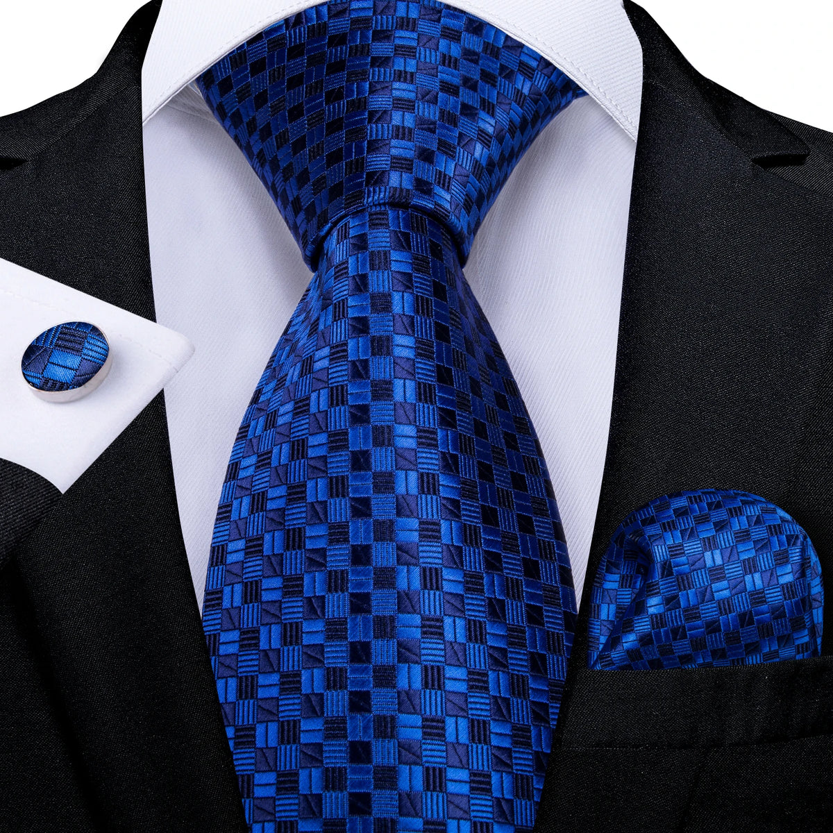New Classic 100% Silk Men's Ties 8cm Blue Plaid Dot Striped Business Necktie Handkerchief Wedding Party Tie Set Gravatas DiBanGu