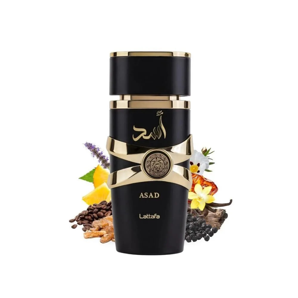 Unisex Lattafa Asad Black Edition Eau De Parfum bottle with floral scent, 3.4 oz, featuring sleek black packaging and elegant design.