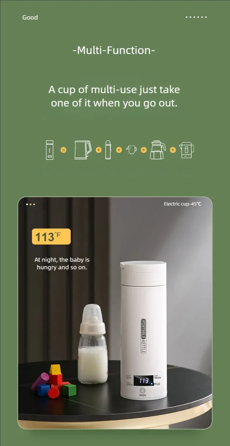 Showlu Smart General JFBONIN mini stainless steel electric kettle with a sleek design and ergonomic handle.