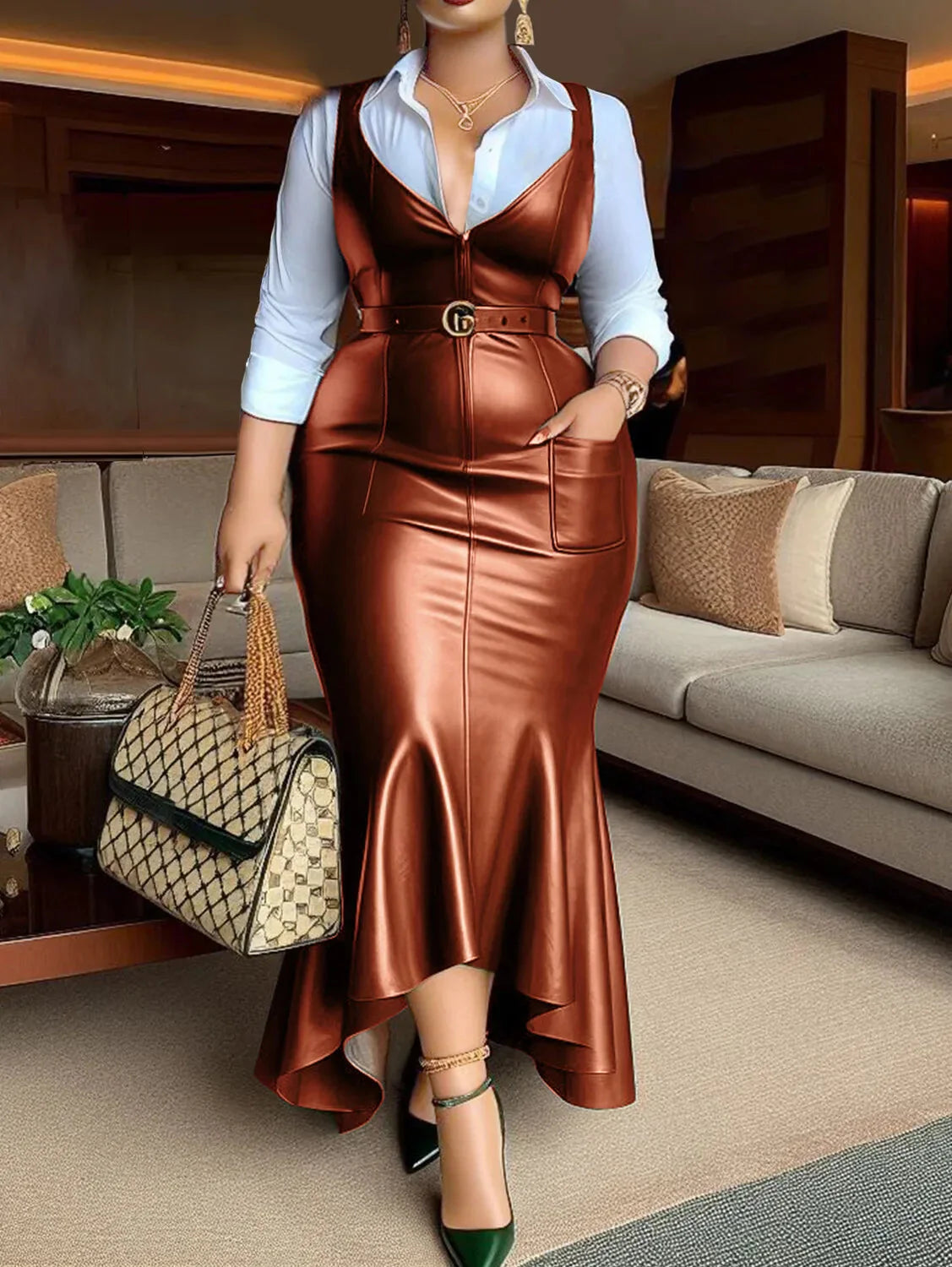 SHOWLU Women's faux leather ruffled bodycon dress with belt, featuring a retro PU style, shown on a model.