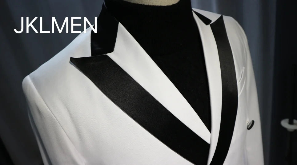 Men's white double-breasted tuxedo suit with slim fit design, featuring a top lapel, ideal for formal occasions and prom events.