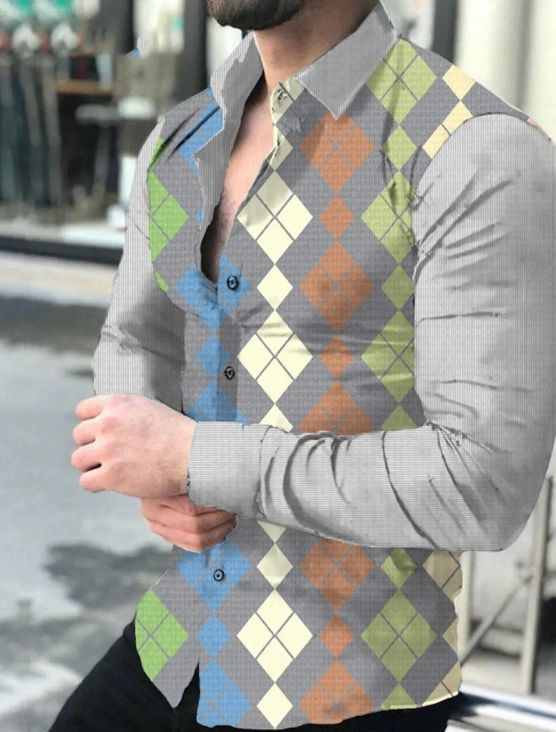 Men's plaid and striped graphic print long sleeve button-down shirt with turndown collar, outdoor streetwear style by Showlu Fashion.