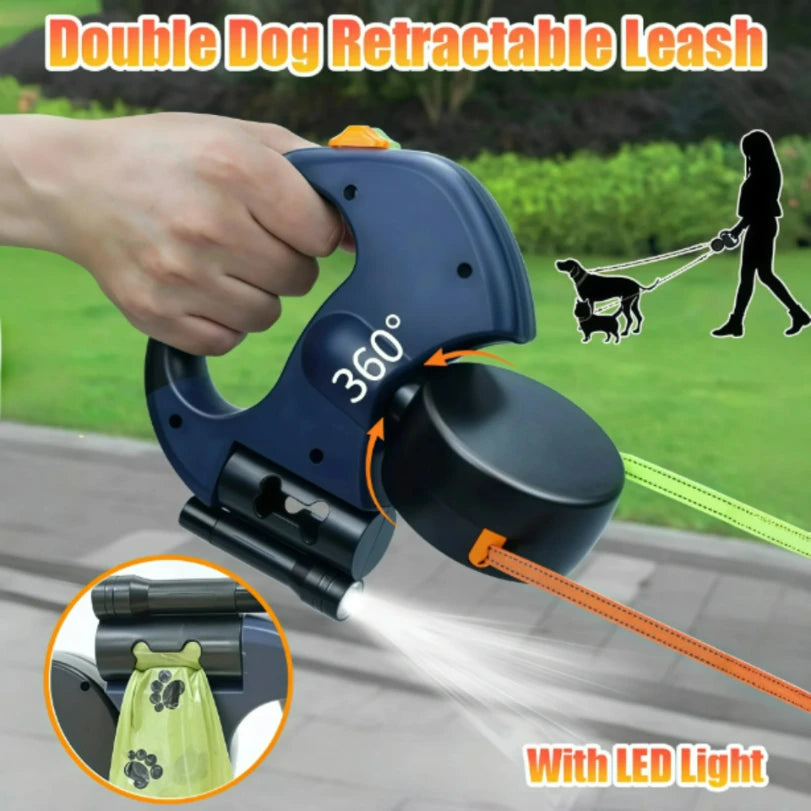 Showlu Double Dog Leash with 3m retractable dual ropes and LED flashlight, designed for walking two dogs comfortably.