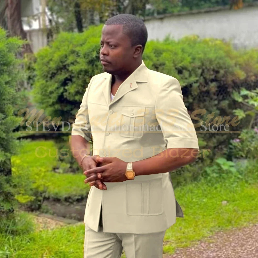 Safari men’s short sleeve suit set with single-breasted jacket and pants, African fashion style by Showlu Fashion.