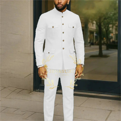 White men's business suit with stand collar, single-breasted blazer and matching pants, ideal for formal occasions and weddings.