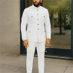 Affrica Style White Stand Collar Single Breasted Jacket Pants Business Men Suit Tuxedos  Groom Wedding Suits Male Blazer Sets