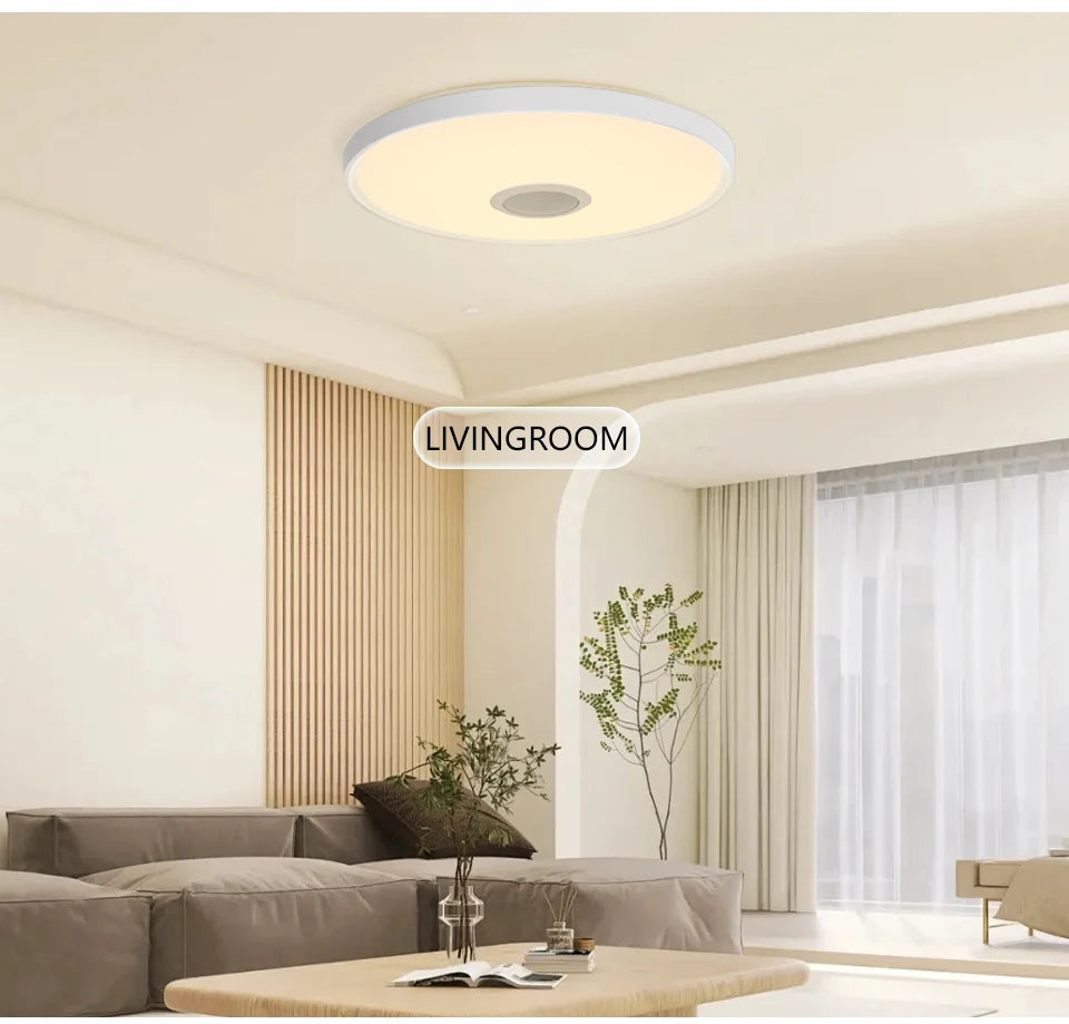 Showlu Smart RGB LED ceiling light with Bluetooth speaker, remote control, and modern design for customizable lighting.
