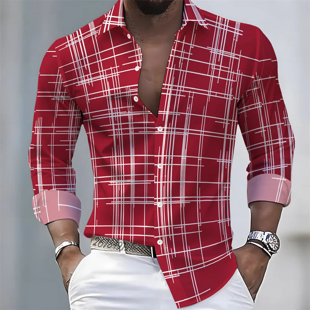 Men's long-sleeved striped shirt in spring/autumn colors, casual European-American style, comfortable loose fit from Showlu Fashion.