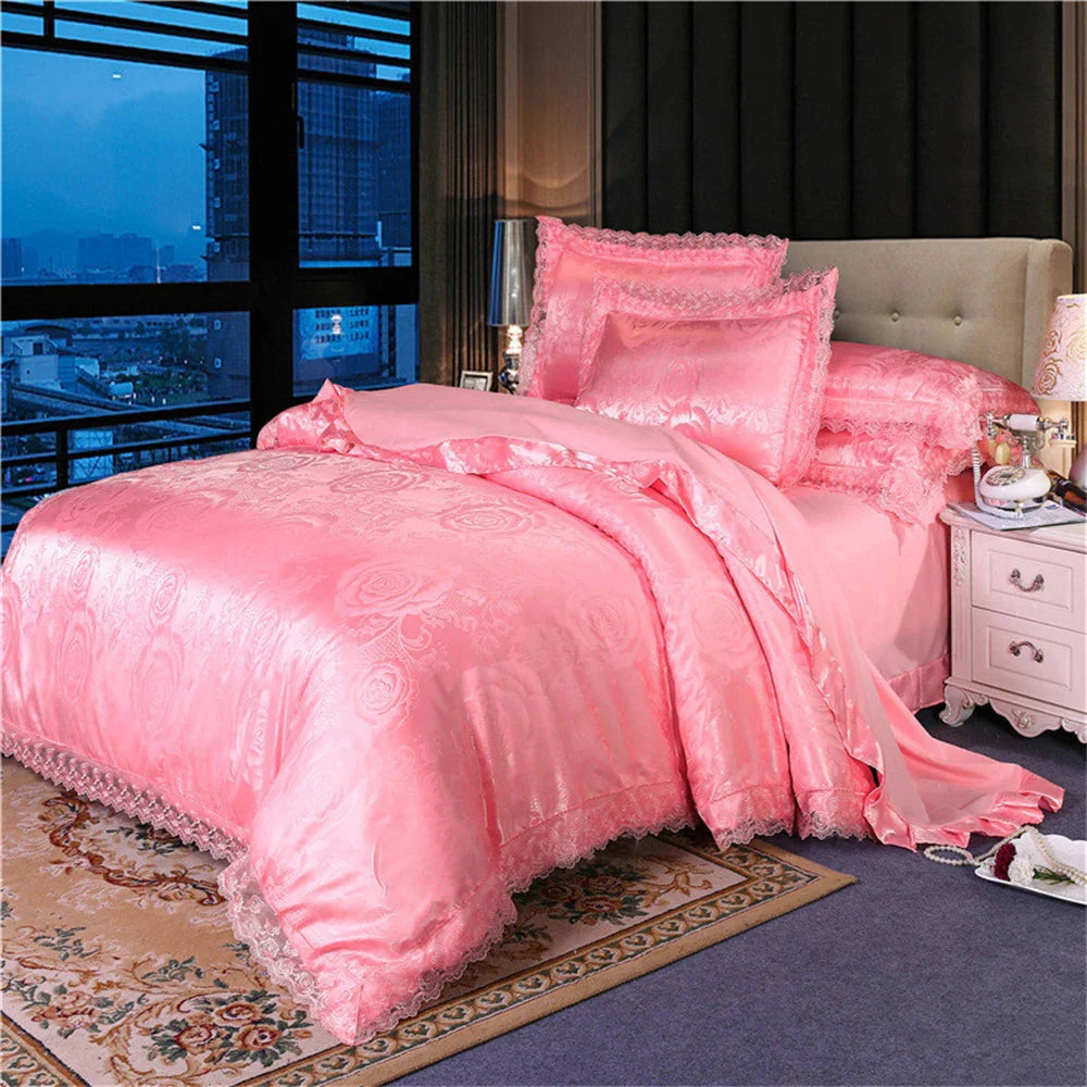 Nordic satin jacquard duvet cover set with floral pattern, luxury bedding from SHOWLU FASHION STORE, soft and elegant bedroom decor