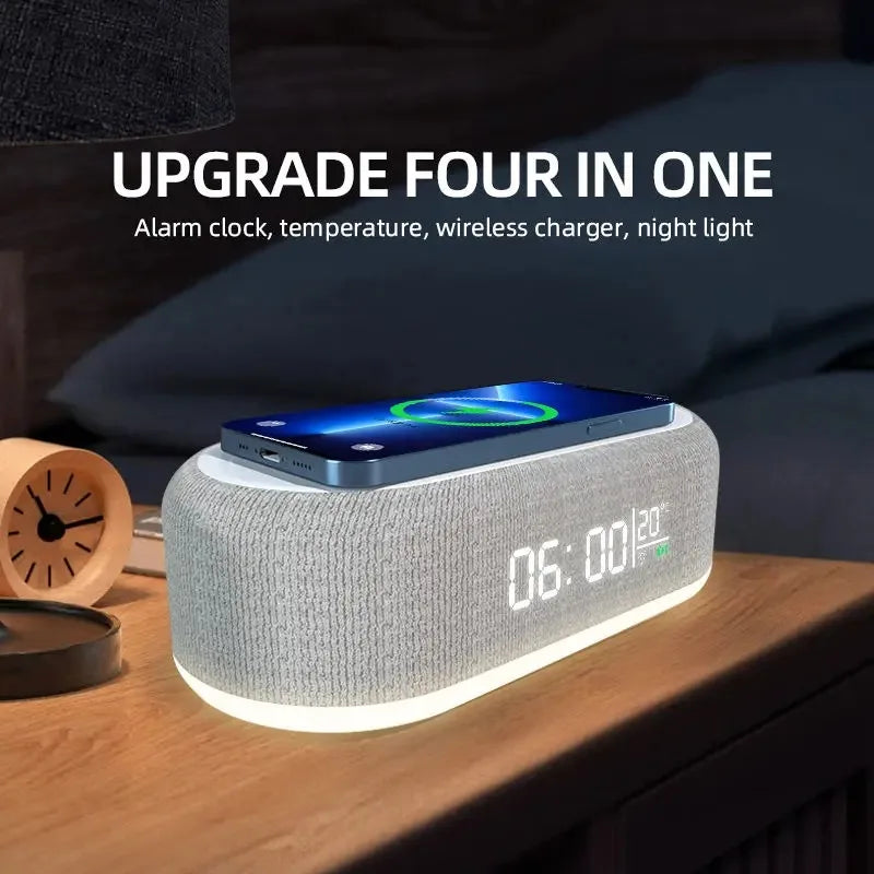 Showlu Smart General 15W wireless charging alarm clock with LED night light, digital display, and sleek modern design.