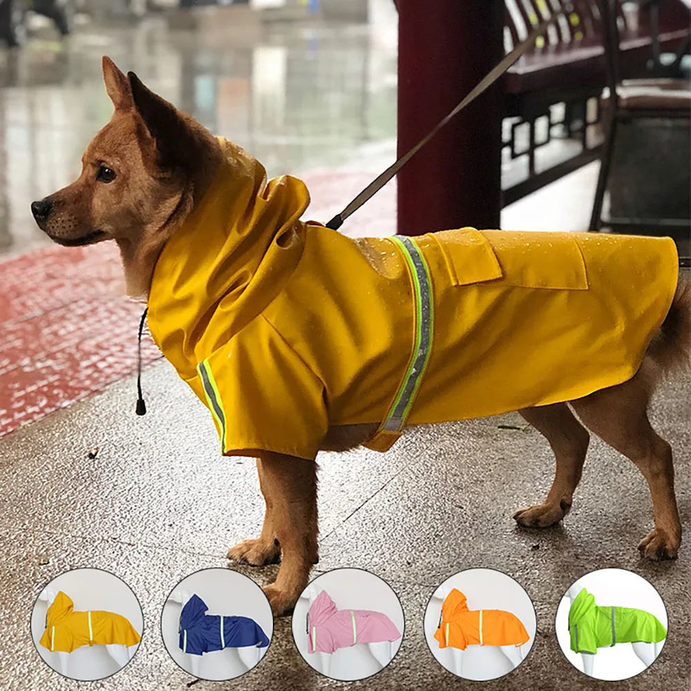 Showlu large dog raincoat with reflective waterproof material and hood, designed for outdoor protection in wet weather.