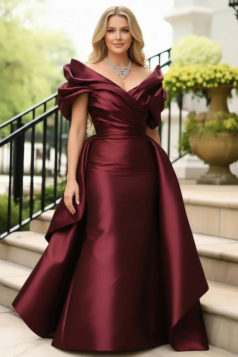Plus size satin evening dress with off-shoulder puff sleeves, solid color, elegant maxi style for cocktail or wedding guest occasions