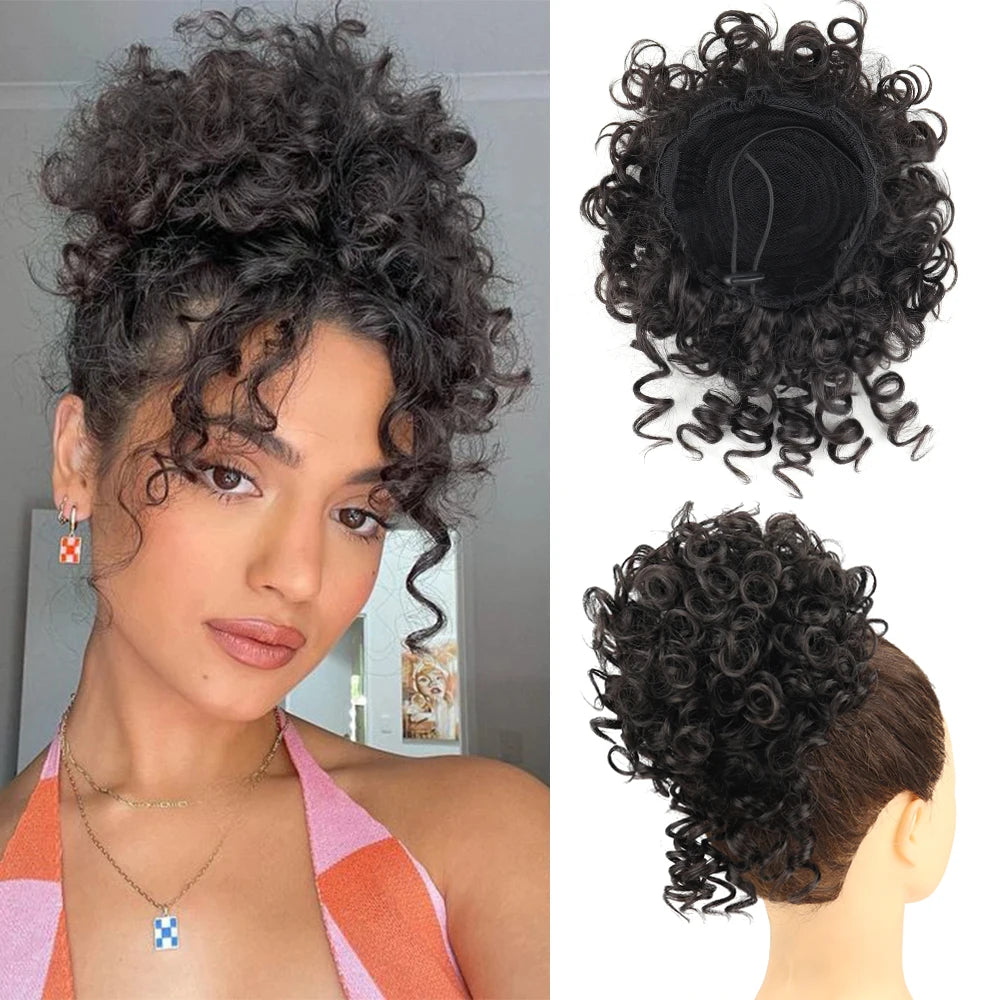 Synthetic Messy Bun Hair Piece 60g Elastic Drawstring Loose Wave Curly Hair Buns Hair Piece Extensions For Women Dark Brown