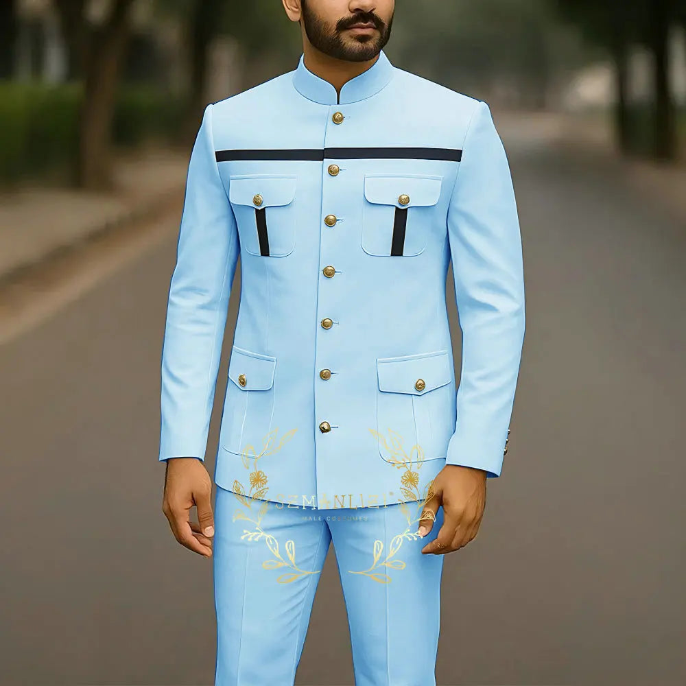 Elegant white men's suit with stand collar, single-breasted jacket and matching pants, suitable for business, formal events, and weddings.