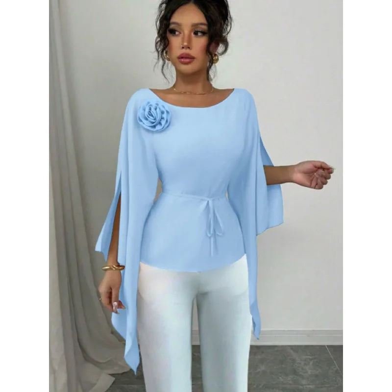 Showlu women's autumn long sleeve waist shirt with slit and slash neck, elegant design, in a stylish fall fashion fit.
