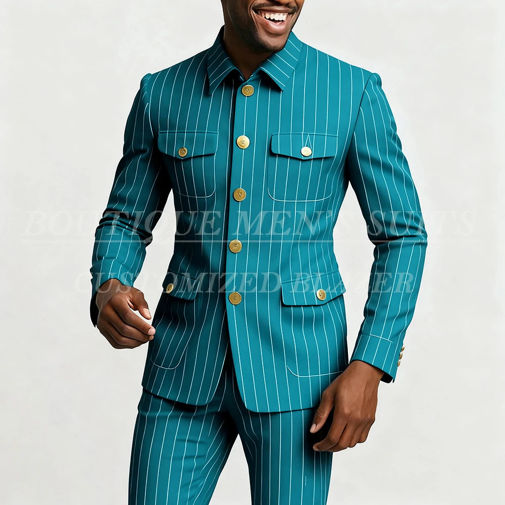 Elegant men's pinstripe suit by Showlu Fashion with single-breasted jacket and slim-fit matching pants, stylish and tailored.