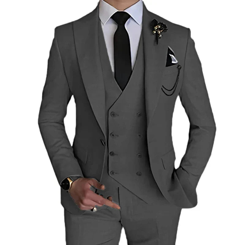 Men's slim fit wedding suit by SOLOVEDRESS, three-piece single-breasted set with jacket, vest, and trousers in classic style.