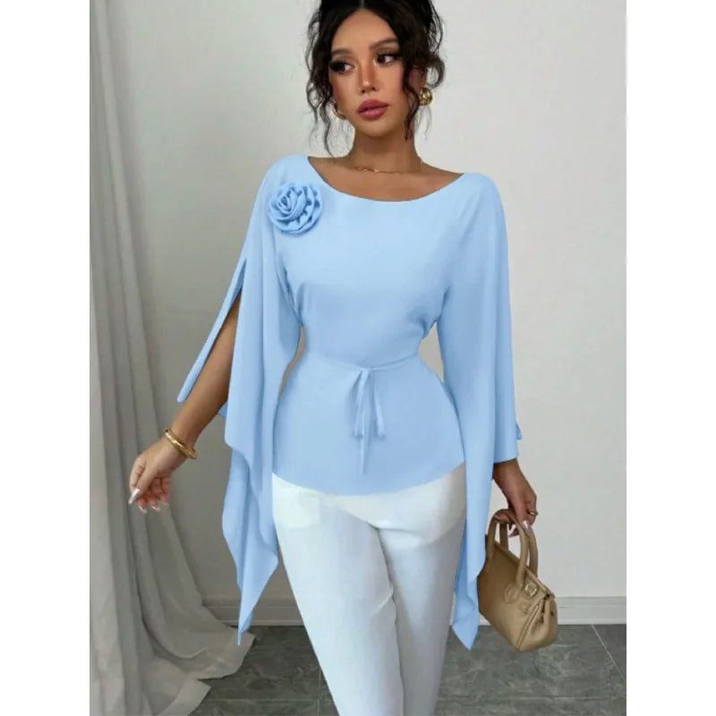 Showlu women's autumn long sleeve waist shirt with a slit and slash neckline, featuring an elegant, stylish design.