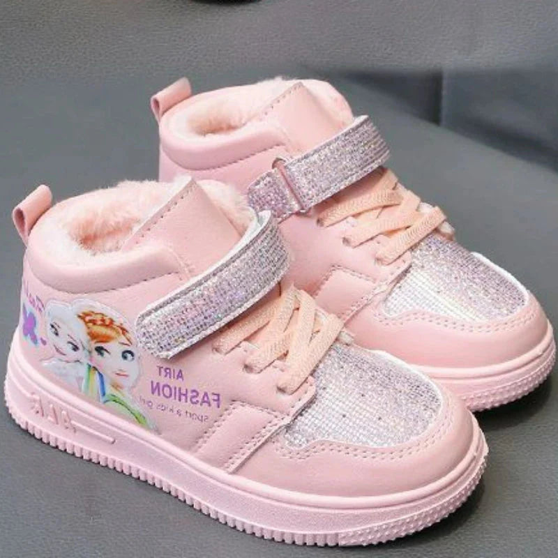 Pink Disney Frozen Elsa girls' winter snow boots with warm lining and ankle height, perfect for cold winter weather.