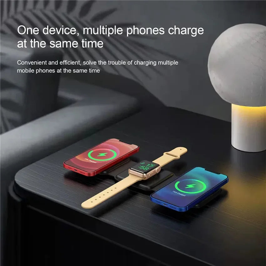 Showlu Smart General 3 in 1 wireless charging station with multiple charging pads and sleek black design, suitable for smartphones and accessories.