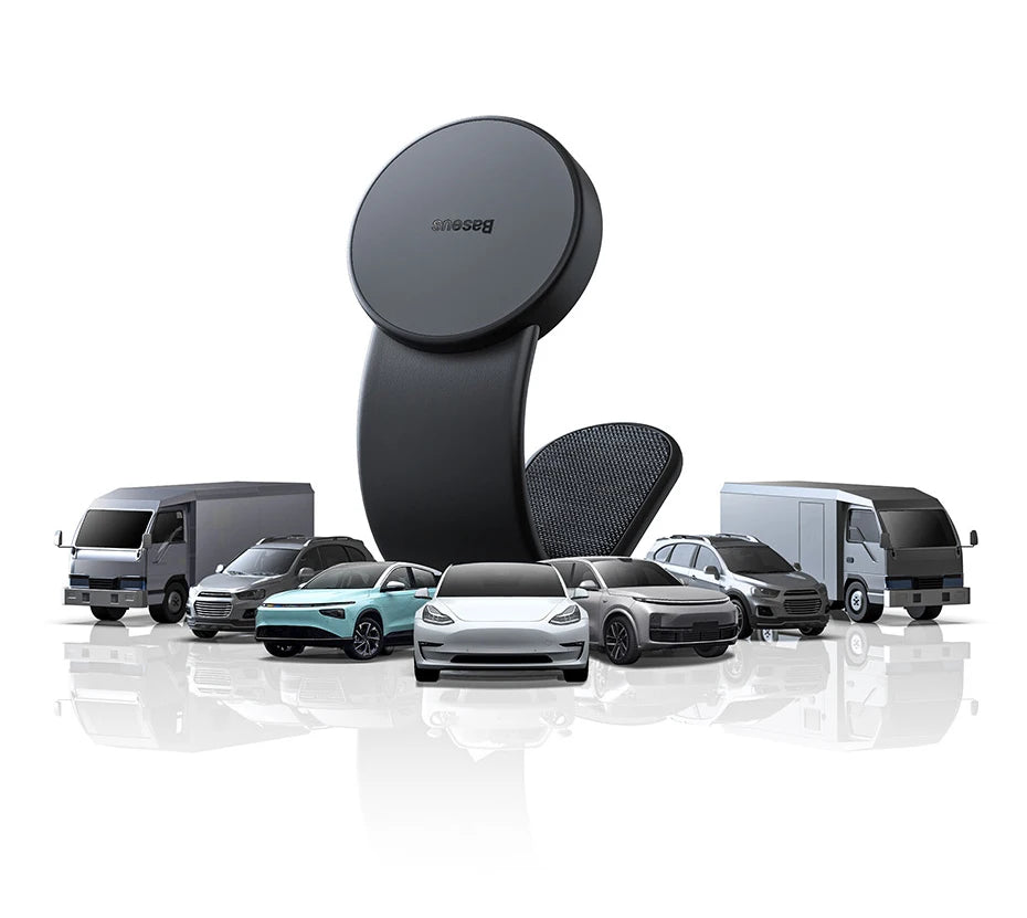 Magnetic foldable car phone holder for dashboard by Showlu Smart General, showing its compact design and magnetic attachment.
