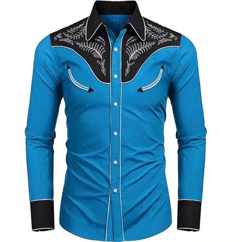 Men's tribal ethnic casual shirt with long sleeves, button lapel, soft fabric, and comfortable fit for outdoor and party wear.