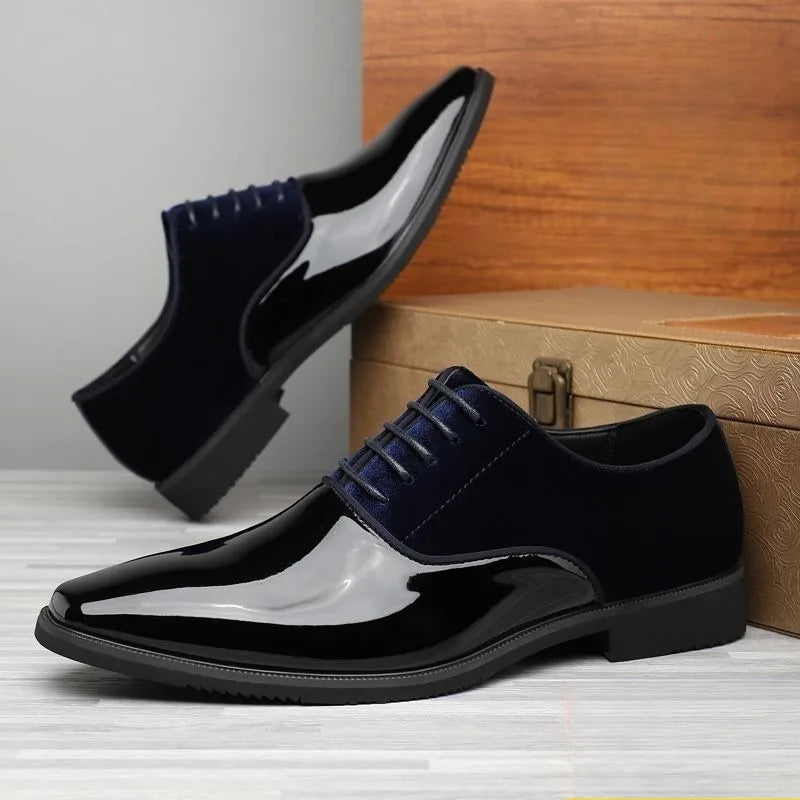 Showlu Fashion men's oxford shoes in yellow, blue, red, and black patent leather for formal, casual, or wedding occasions.