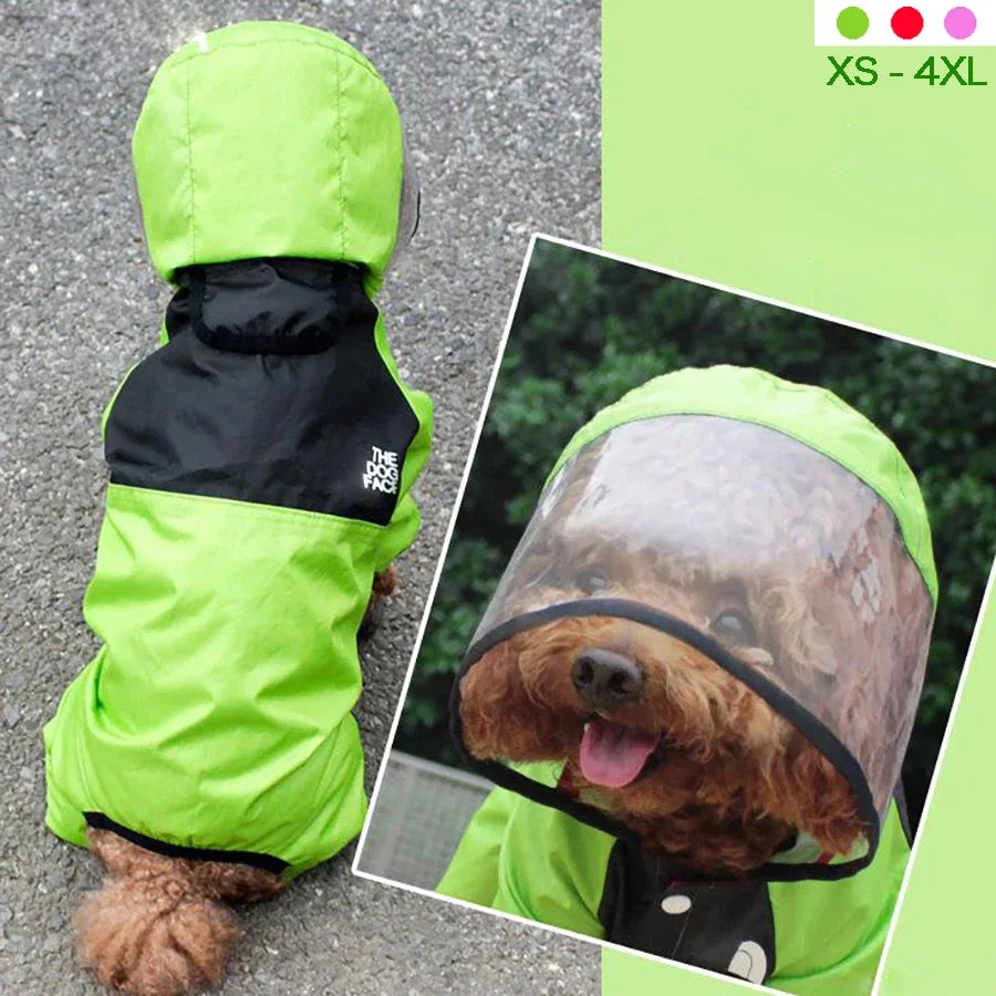 Transparent hooded waterproof dog raincoat by Showlu Fashion Store, made of polyester jumpsuit material for outdoor protection.