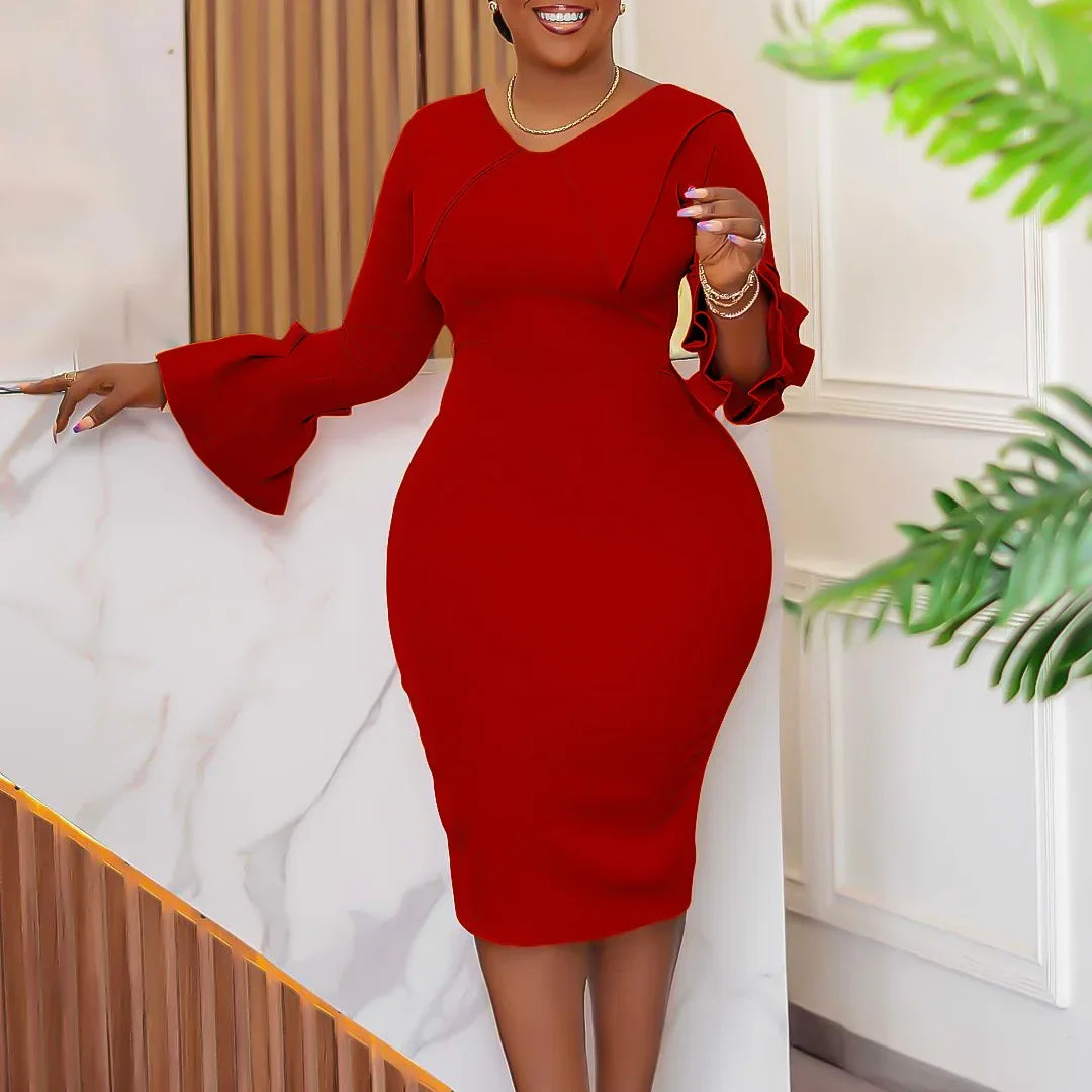 AOMEI Women Elegant Bodycon Dress Pencil Flare Sleeve V Neck Knee Length Business Office Vintage Cocktail Celebrity Sheath Gowns