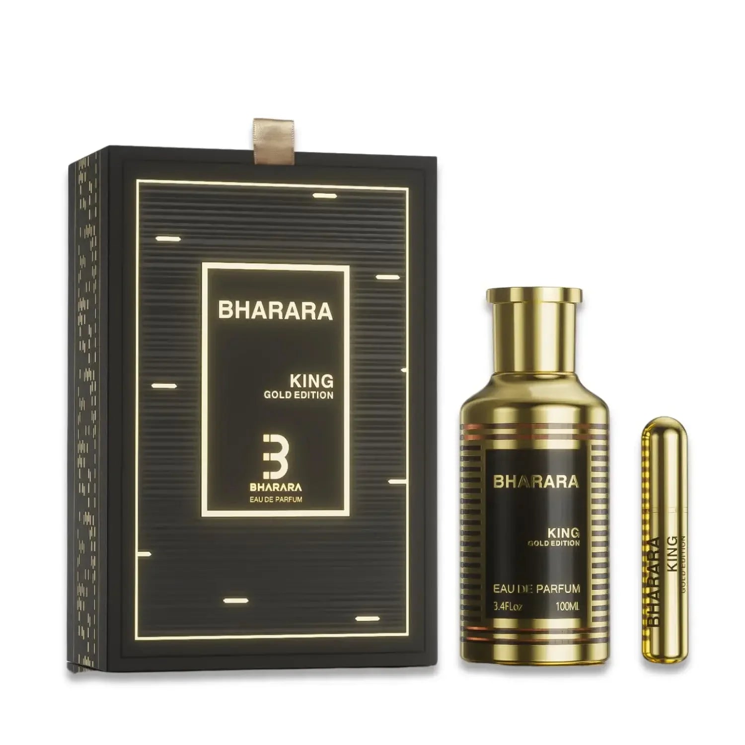Elegant 100ml bottle of Bharara King Gold Edition unisex Eau de Parfum by Showlu Fashion Store, featuring a luxurious gold design.