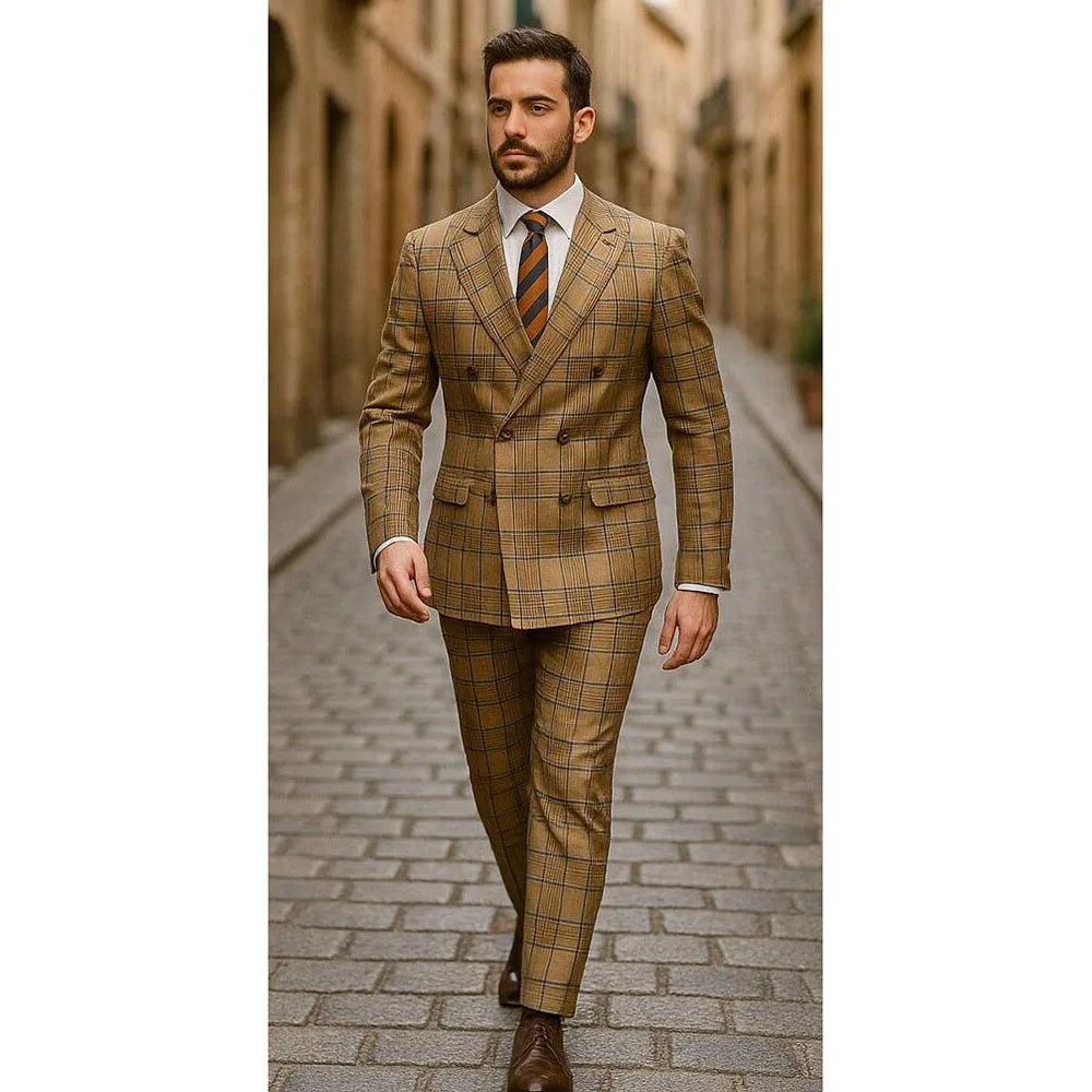 Showlu Men's 2-Piece Slim Fit Suit with double-breasted peak lapel, formal style, in black fabric, tailored for a sharp look.