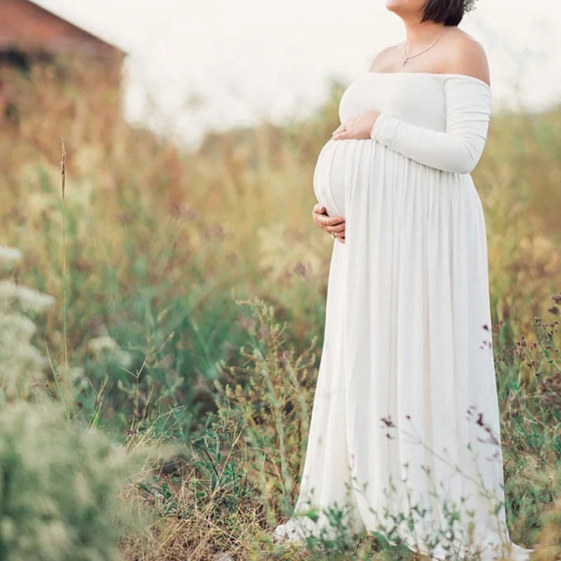 Long strapless maternity summer dress by Showlu Fashion for pregnancy photoshoots, featuring a flowing maxi design.