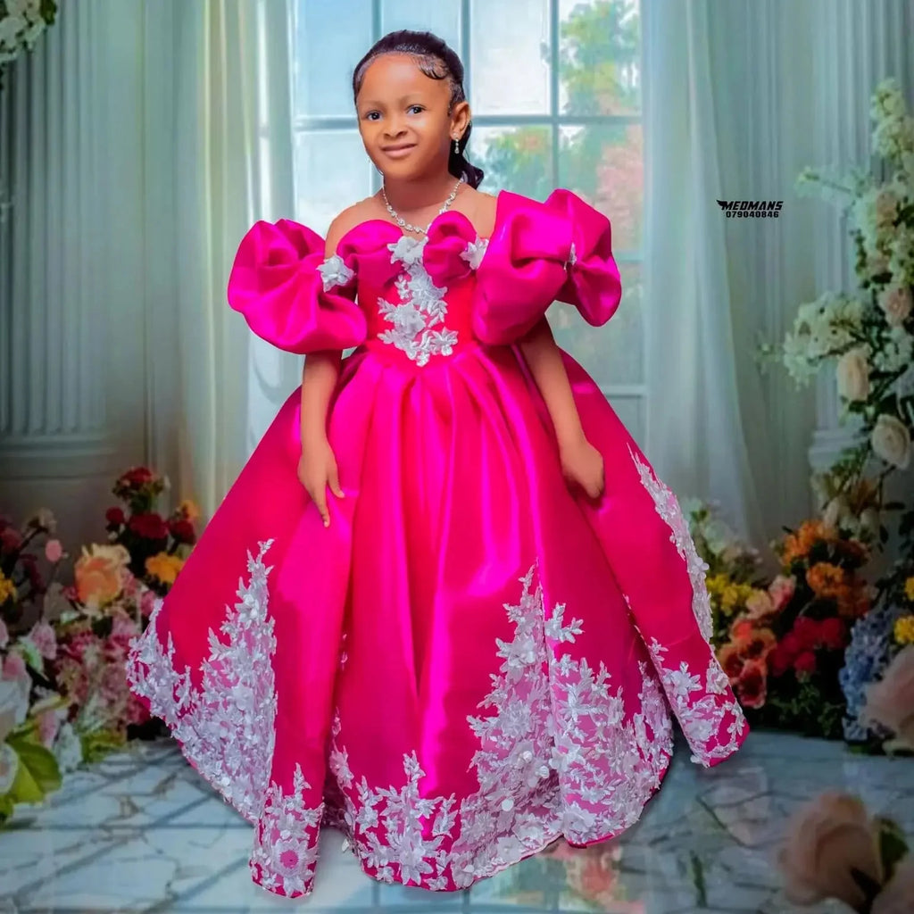 Hot Pink Custom Satin Flower Girl Dress for Wedding Lace Appliqued Floor Lenght Kids Birthday Party First Communion Ball Gown