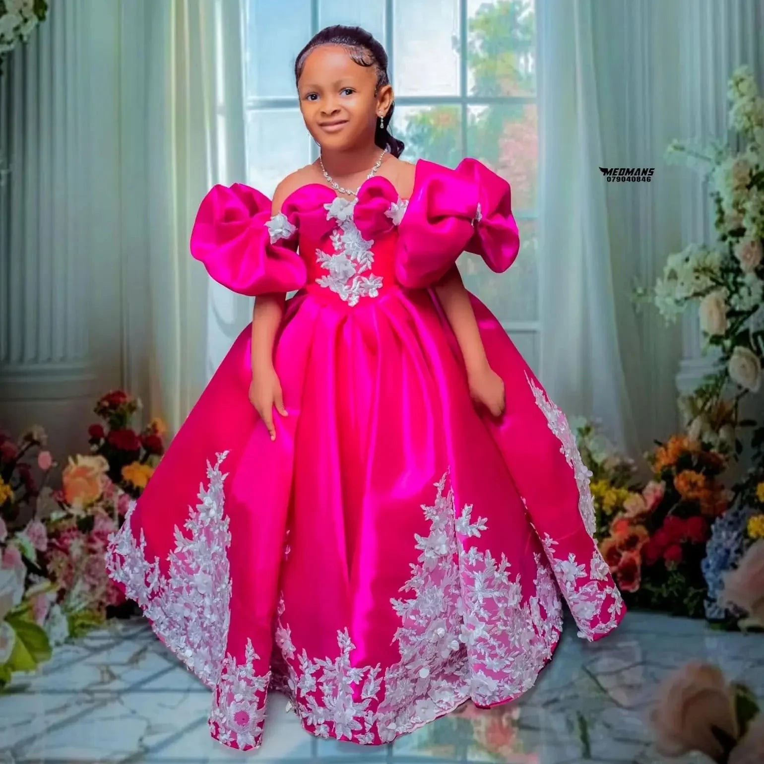 Hot Pink Custom Satin Flower Girl Dress for Wedding Lace Appliqued Floor Lenght Kids Birthday Party First Communion Ball Gown