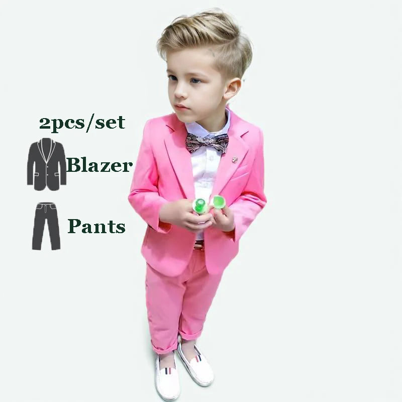 Children's pink spring dress suit with jacket and pants, perfect for birthday parties and performances, by Showlu Fashion.