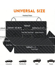 A black quilted waterproof dog car seat cover with dimensions and labeled features.