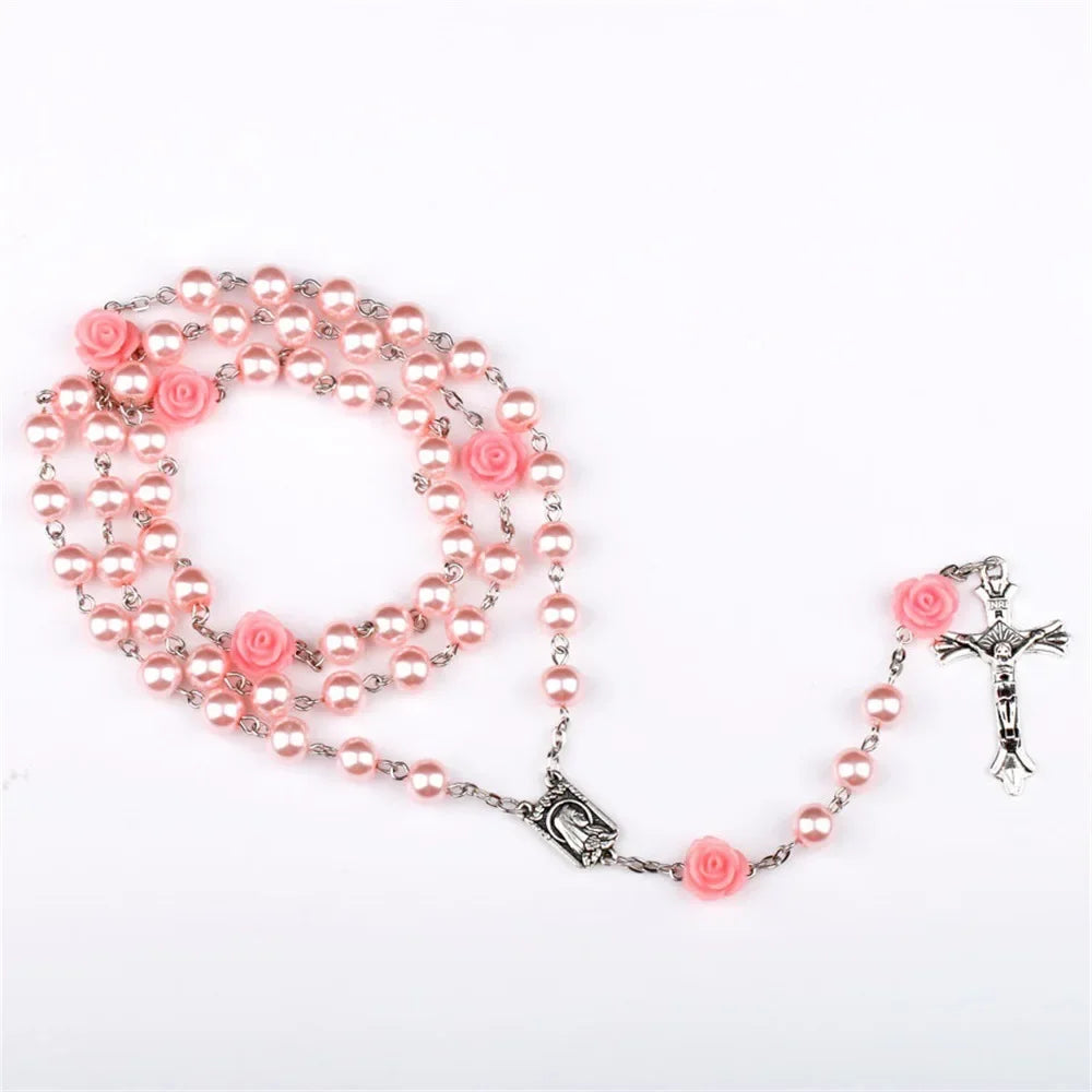 Pink rosary necklace for women with rose glass beads, crucifix pendant, and INRI charm, long religious prayer jewelry.
