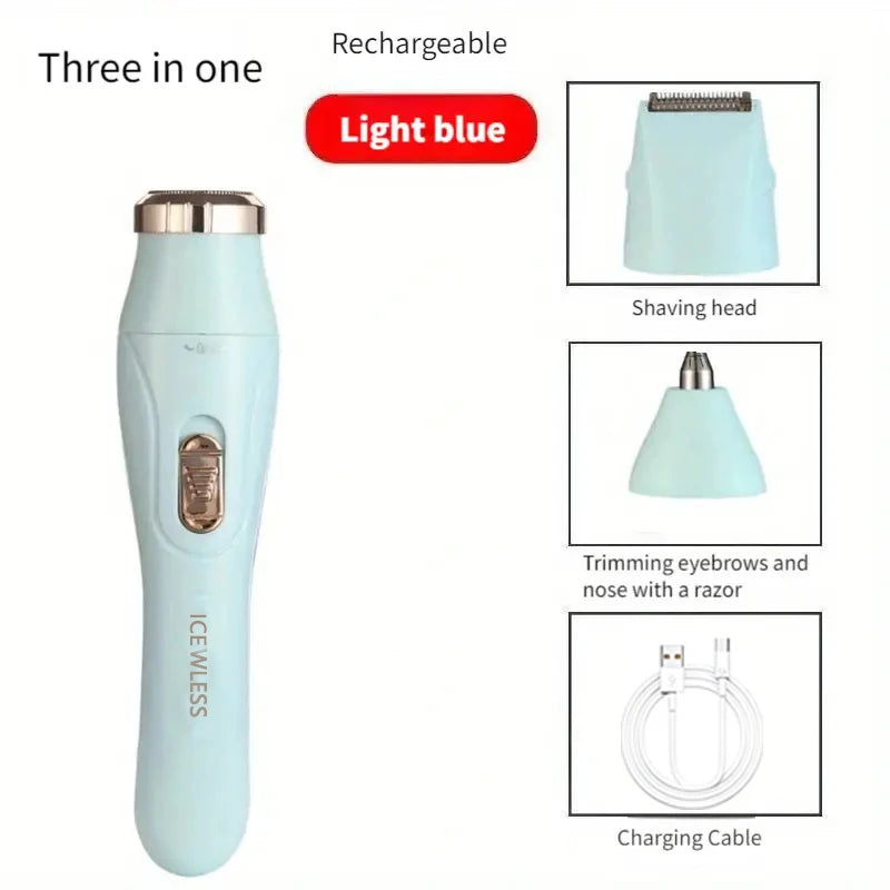 Multi-functional 3-in-1 shaver from Showlu Fashion Store with USB charging, including underarm, eyebrow, and nose hair trimming.