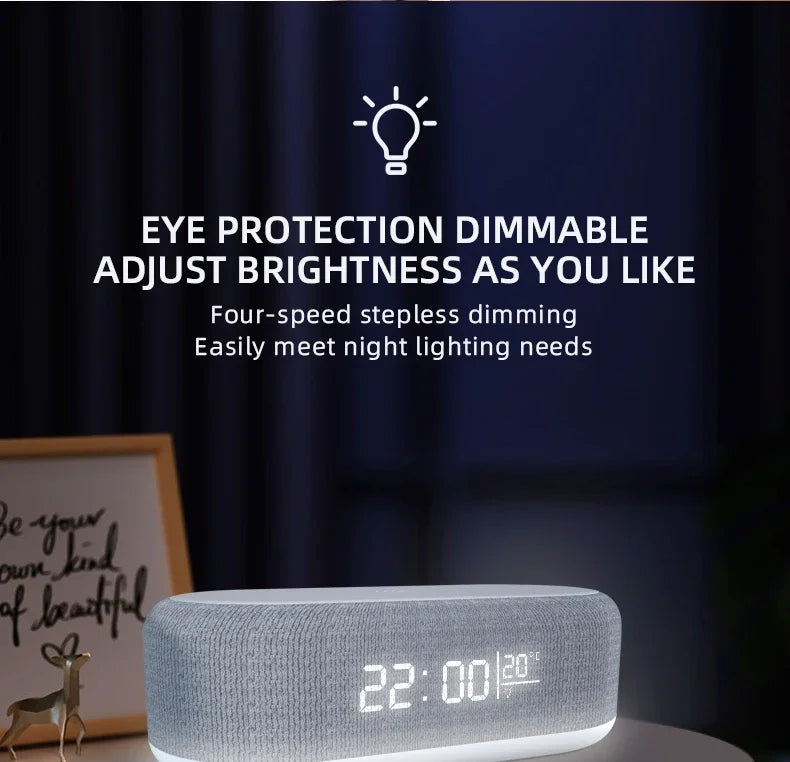 Showlu Smart General 15W wireless charging alarm clock with LED night light, featuring a sleek digital display and built-in wireless charger.