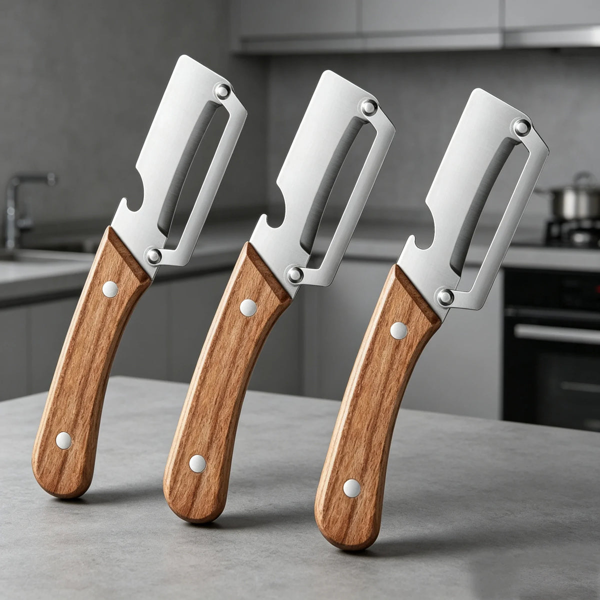 Stainless steel peeler with wooden handle for peeling and slicing fruits and vegetables, showing a sleek, durable kitchen tool.